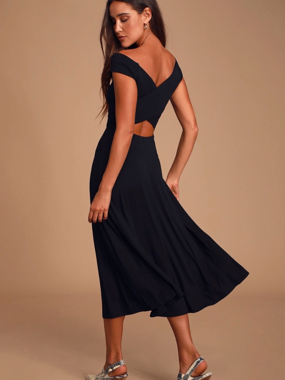 Lulus Elegant Black Off-Shoulder Midi Dress with Cross Back